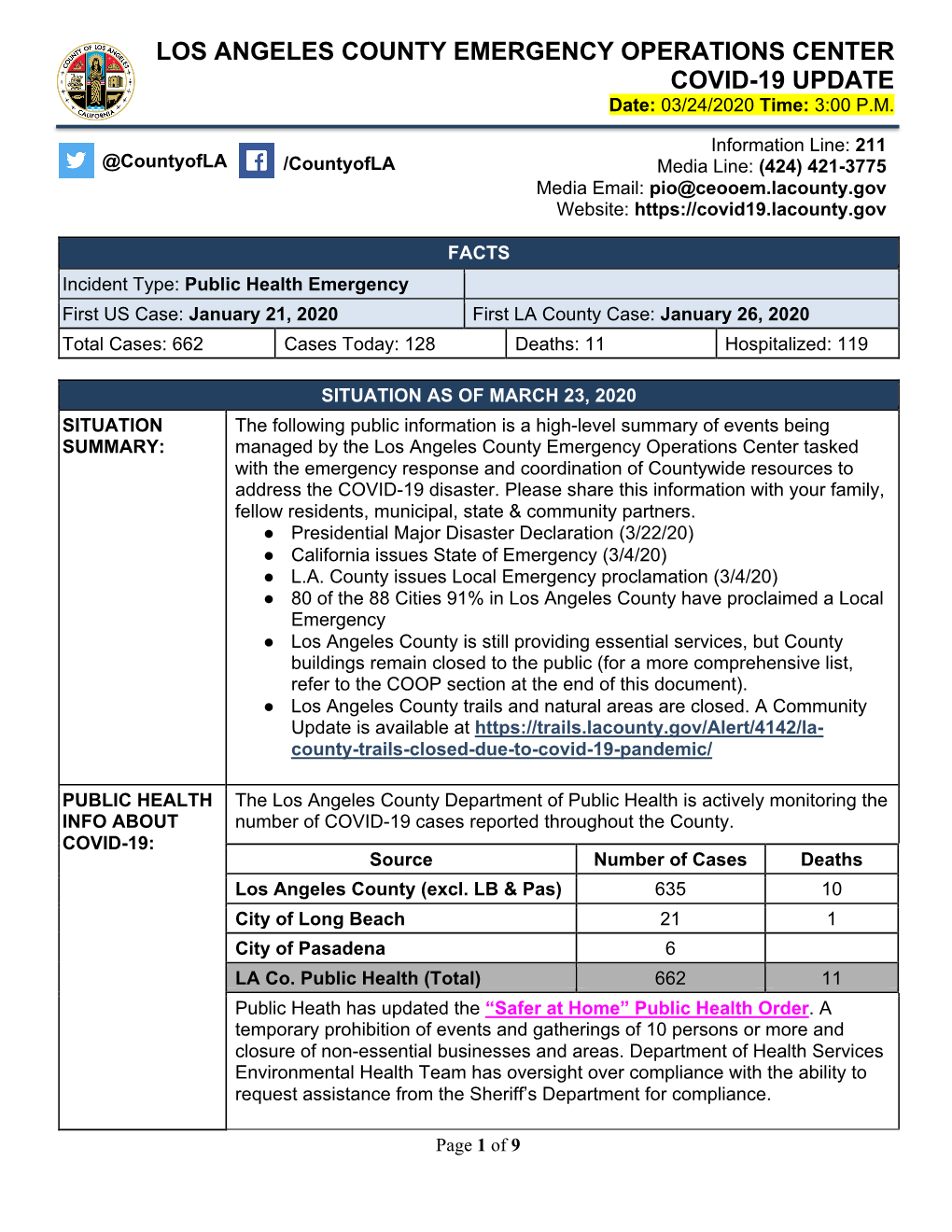 LOS ANGELES COUNTY EMERGENCY OPERATIONS CENTER COVID-19 UPDATE Date: 03/24/2020 Time: 3:00 P.M