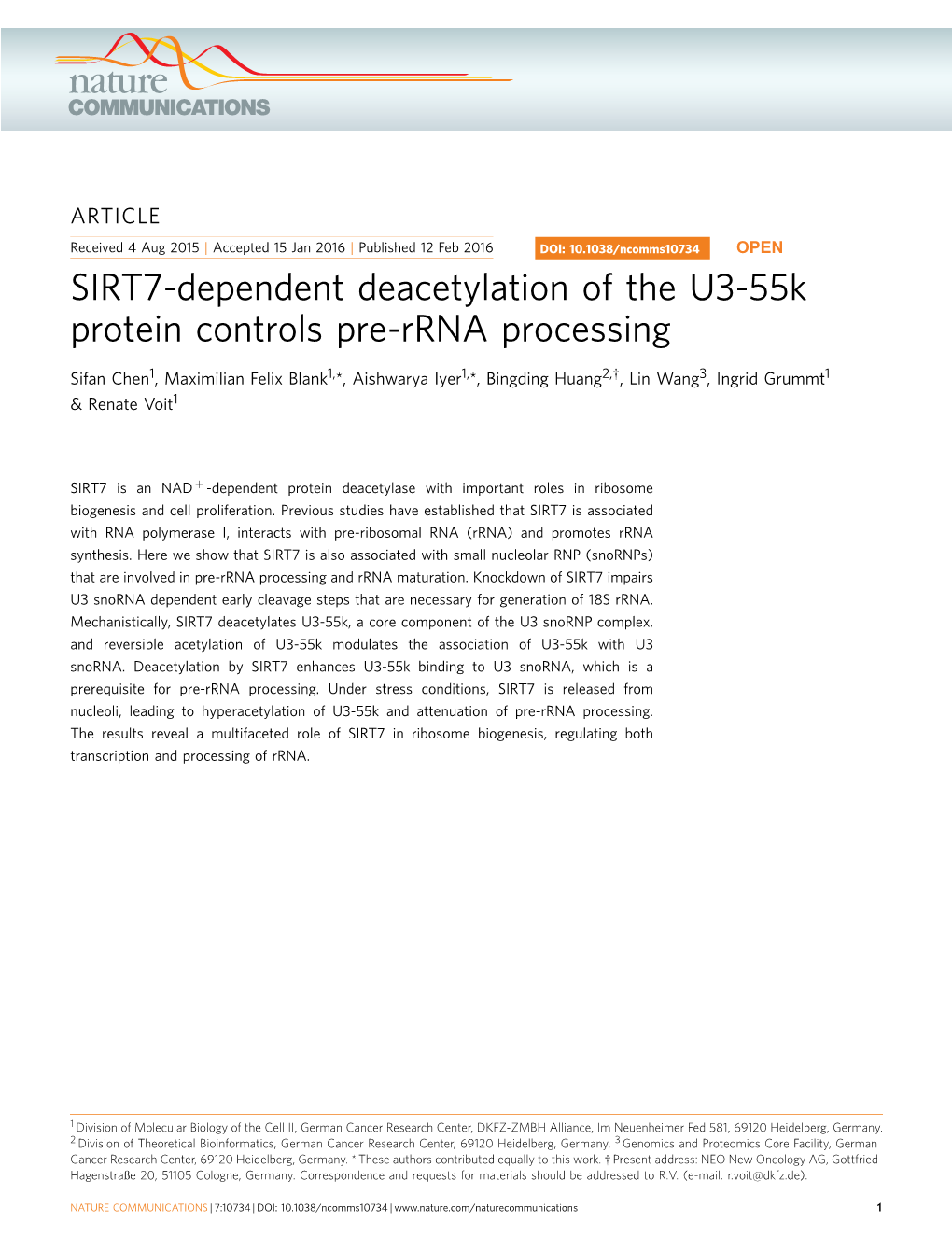 SIRT7-Dependent Deacetylation of the U3-55K Protein Controls Pre-Rrna Processing
