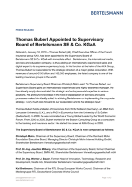 Thomas Buberl Appointed to Supervisory Board of Bertelsmann SE & Co