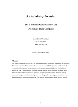 An Admiralty for Asia. the Corporate Governance of the Dutch East India Company 1