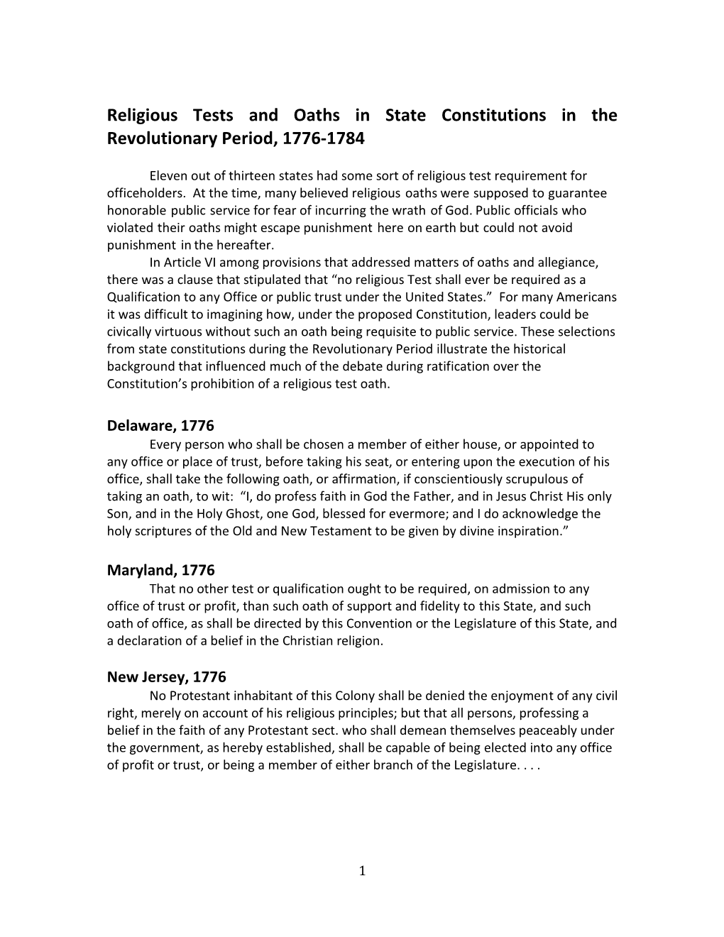 Religious Tests and Oaths in State Constitutions in the Revolutionary Period, 1776-1784