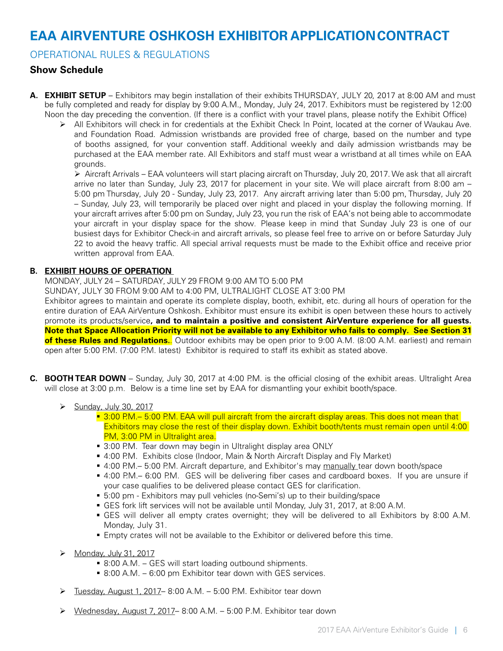 EAA AIRVENTURE OSHKOSH EXHIBITOR APPLICATION CONTRACT OPERATIONAL RULES