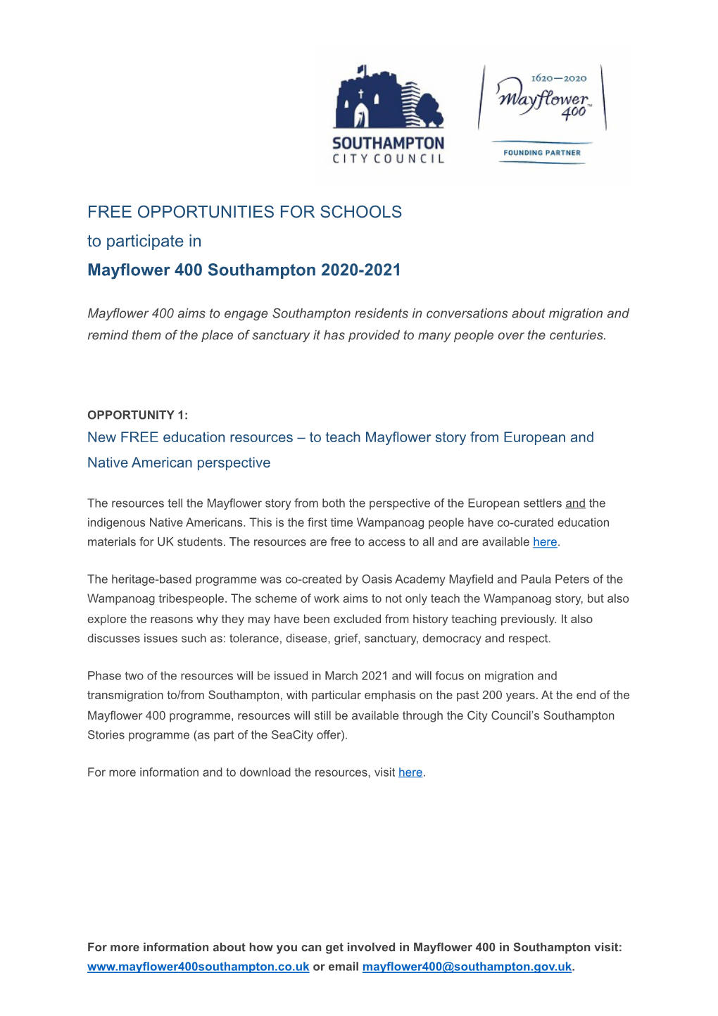 Mayflower 400 Southampton Info for Schools