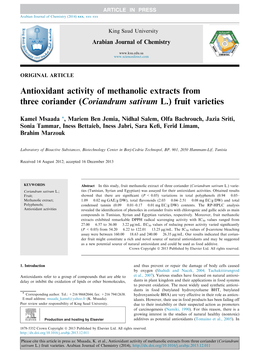Antioxidant Activity of Methanolic Extracts from Three Coriander (Coriandrum Sativum L.) Fruit Varieties