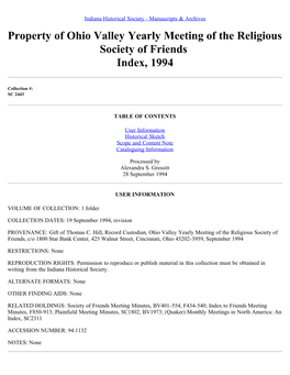 Property of Ohio Valley Yearly Meeting of the Religious Society of Friends Index, 1994