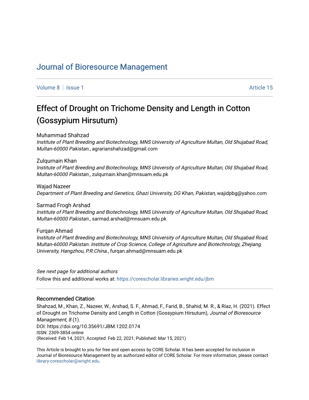 Effect of Drought on Trichome Density and Length in Cotton (Gossypium Hirsutum)