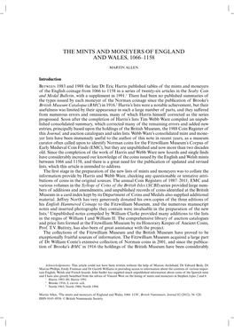 The Mints and Moneyers of England and Wales, 1066–1158