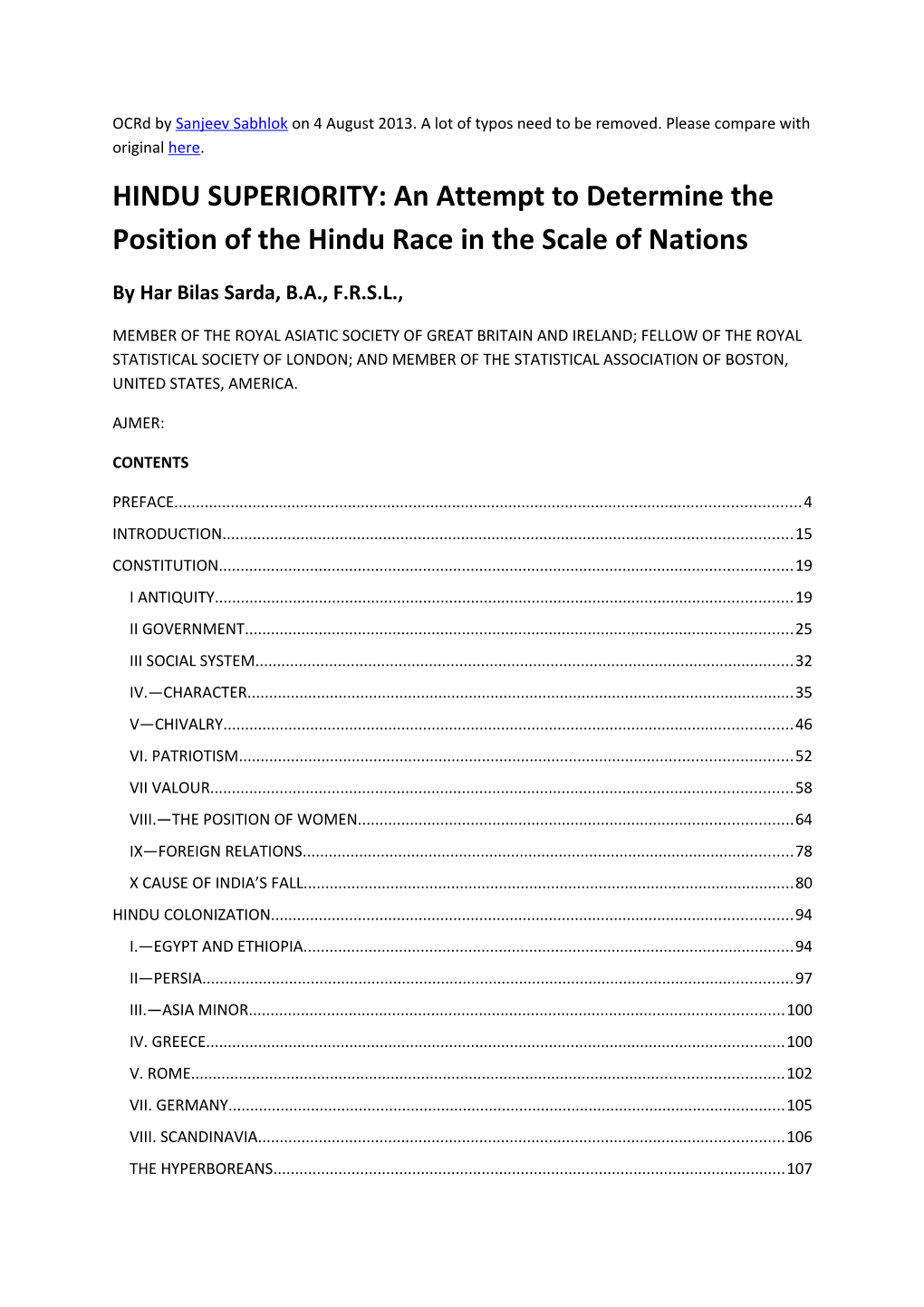 HINDU SUPERIORITY: an Attempt to Determine the Position of the Hindu Race in the Scale