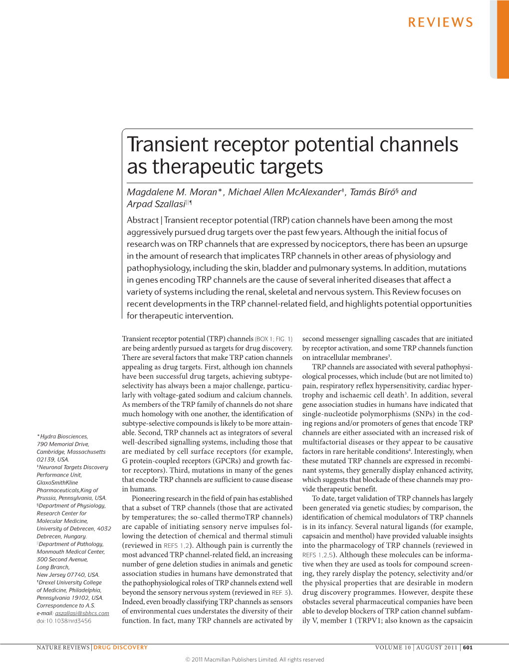 Transient Receptor Potential Channels As Therapeutic Targets