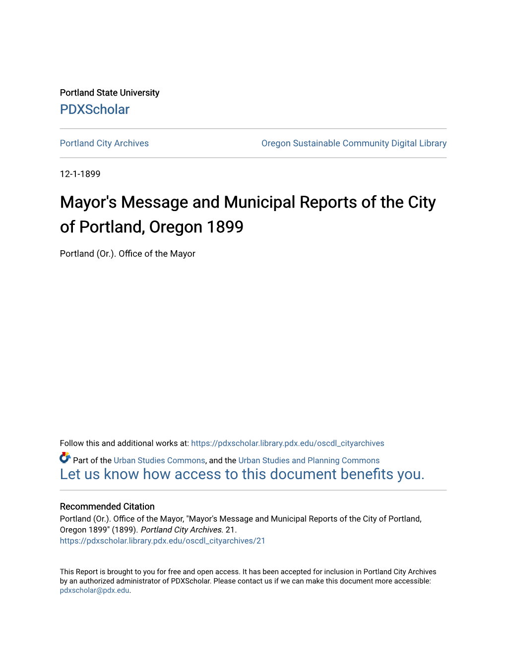 Mayor's Message and Municipal Reports of the City of Portland, Oregon 1899