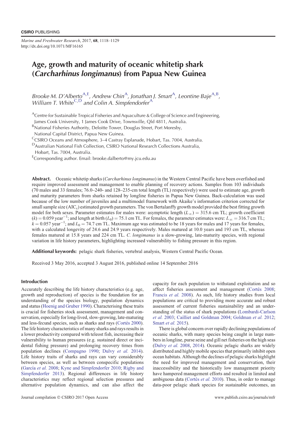 Age, Growth and Maturity of Oceanic Whitetip Shark (Carcharhinus Longimanus) from Papua New Guinea