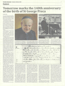 Tomorrow Marks the 140Th Anniversary of the Birth of St George Preca