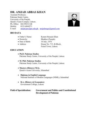 CV of Dr. Amjad Abbas Khan