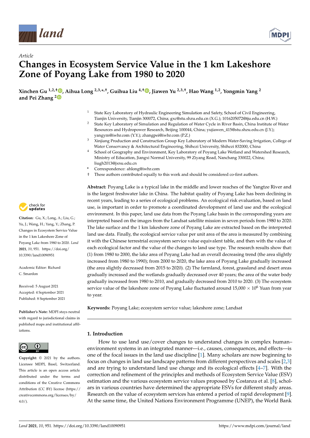 Changes in Ecosystem Service Value in the 1 Km Lakeshore Zone of Poyang Lake from 1980 to 2020