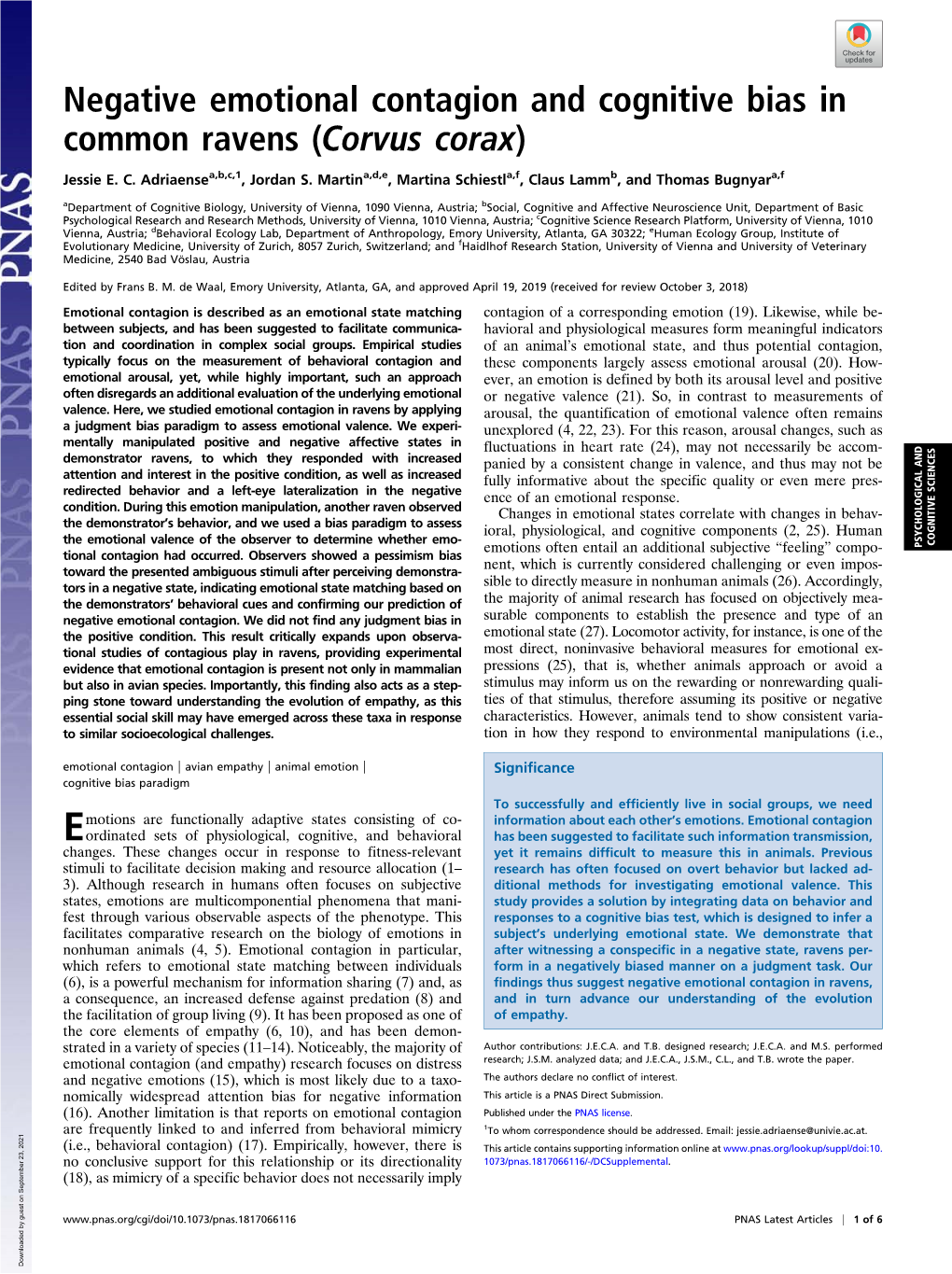 Negative Emotional Contagion and Cognitive Bias in Common Ravens (Corvus Corax)