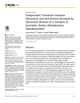 Independent Transitions Between Monsoonal and Arid Biomes Revealed by Systematic Revison of a Complex of Australian Geckos (Diplodactylus; Diplodactylidae)