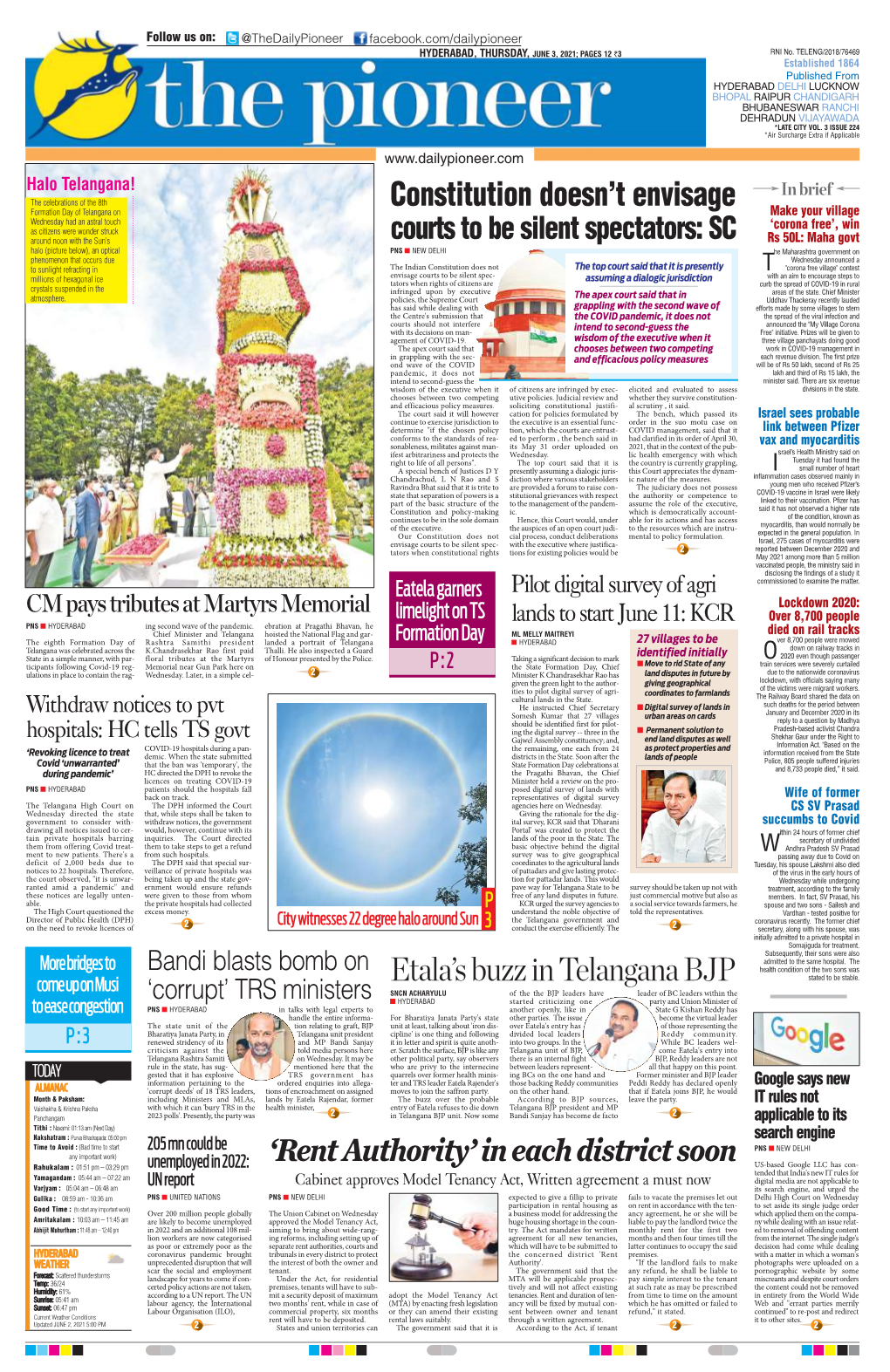 HYDERABAD, THURSDAY, JUNE 3, 2021; PAGES 12 `3 RNI No