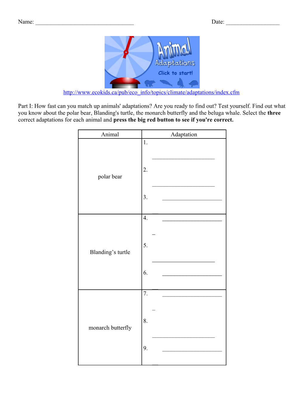 Part I: How Fast Can You Match up Animals' Adaptations? Are You Ready to Find Out? Test