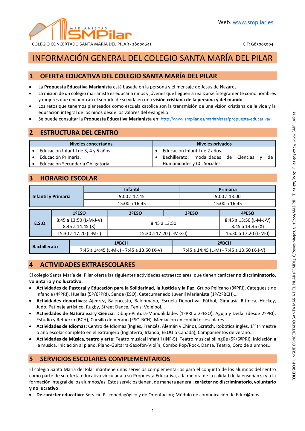 Información General Del Colegio Santa María Del Pilar