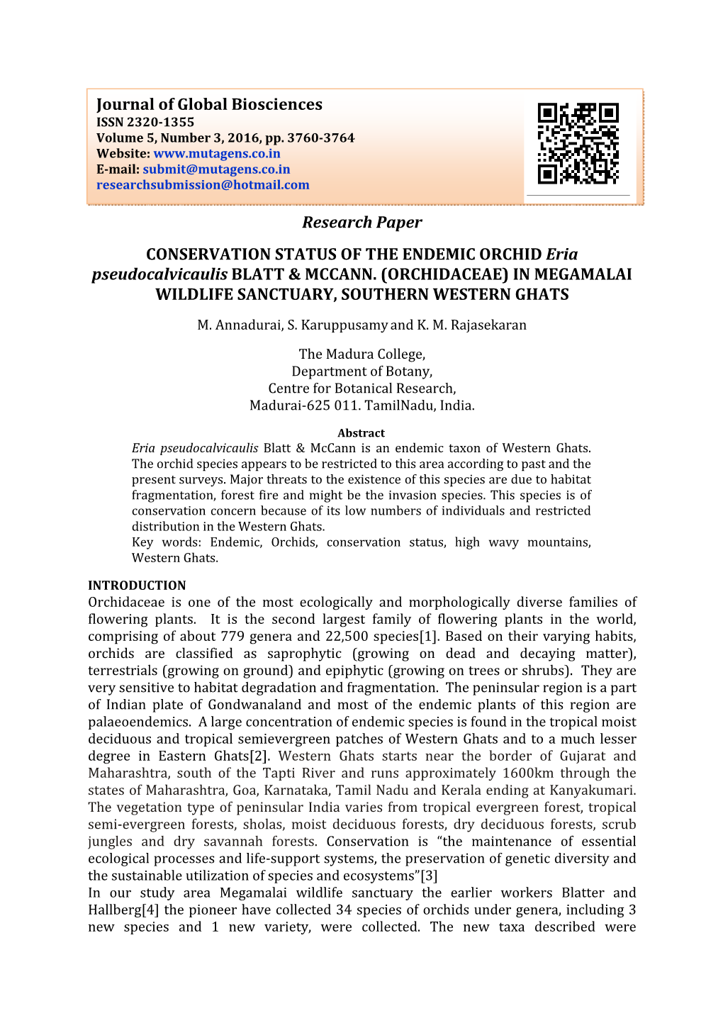 Research Paper CONSERVATION STATUS of the ENDEMIC ORCHID Eria Pseudocalvicaulis BLATT & MCCANN