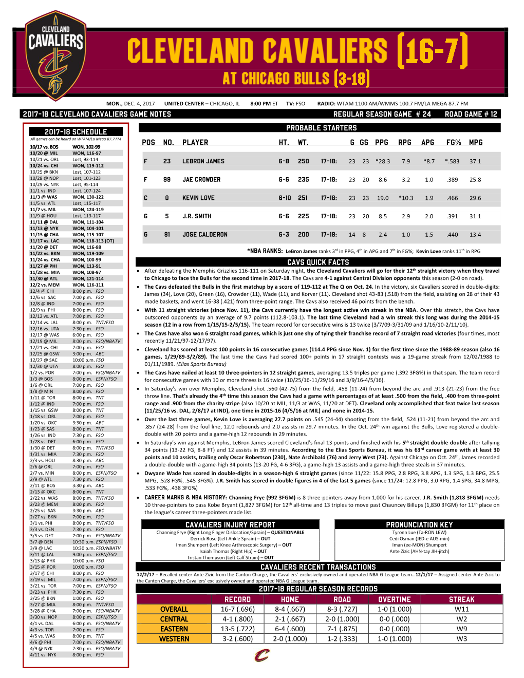 CAVALIERS GAME NOTES REGULAR SEASON GAME # 24 ROAD GAME # 12 PROBABLE STARTERS 2017-18 SCHEDULE All Games Can Be Heard on WTAM/La Mega 87.7 FM POS NO