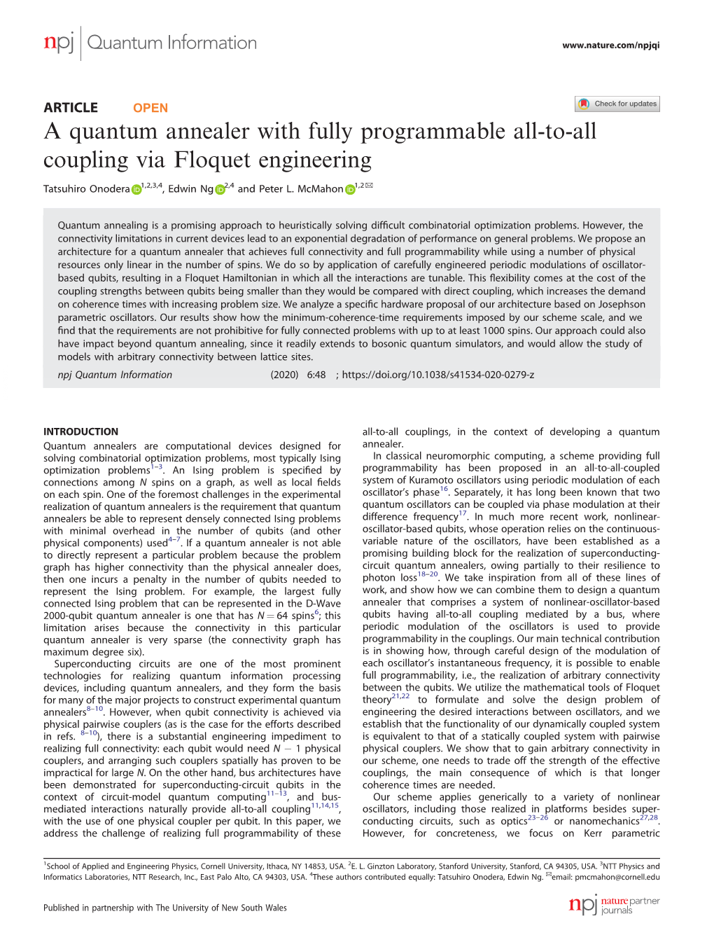 A Quantum Annealer with Fully Programmable All-To-All Coupling Via Floquet Engineering ✉ Tatsuhiro Onodera 1,2,3,4, Edwin Ng 2,4 and Peter L