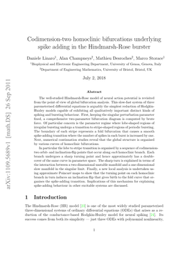 Codimension-Two Homoclinic Bifurcations Underlying Spike Adding in the Hindmarsh-Rose Burster Arxiv:1109.5689V1 [Math.DS] 26 S