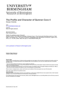 University of Birmingham the Profile and Character of Qumran