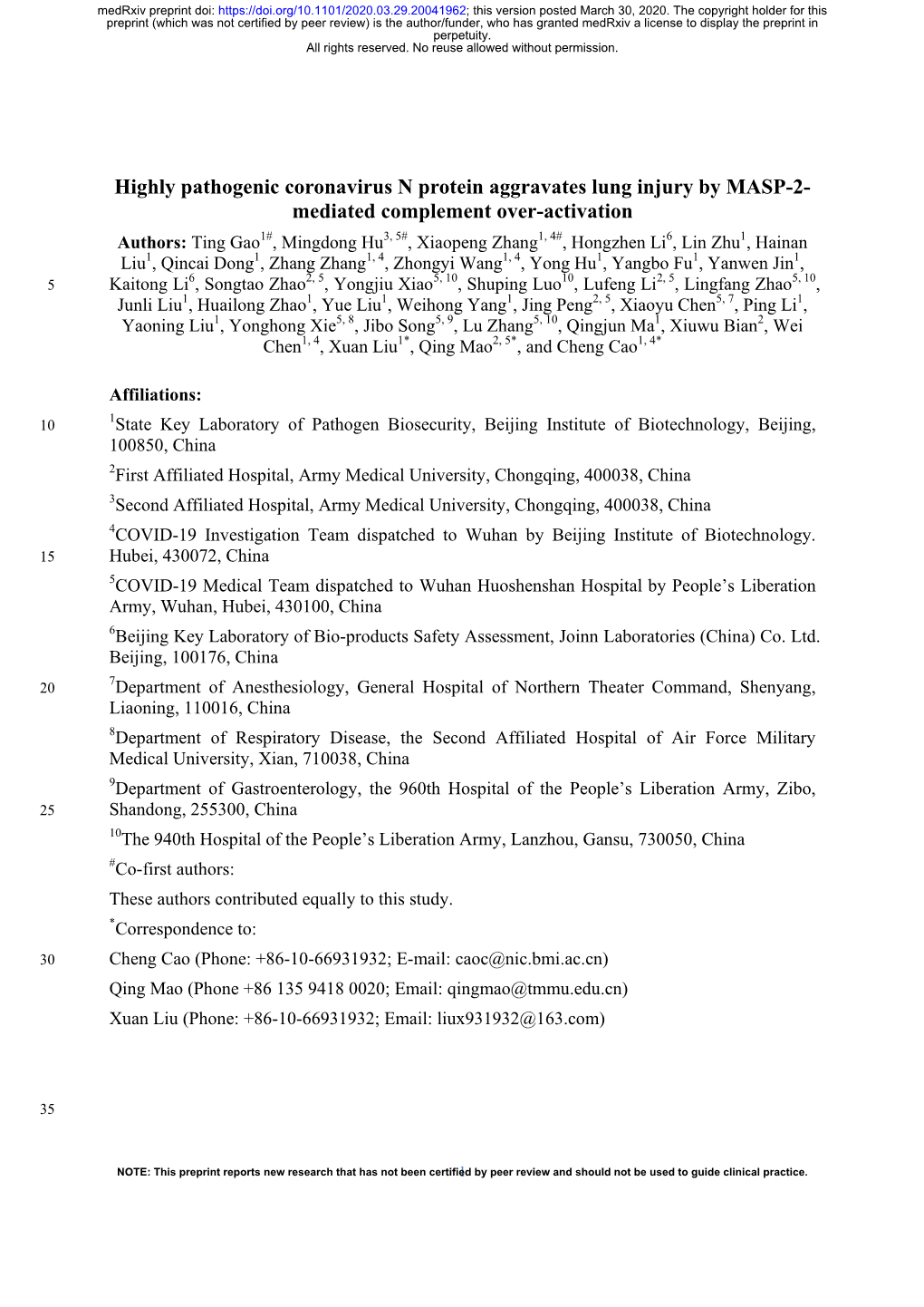 Highly Pathogenic Coronavirus N Protein Aggravates Lung Injury By