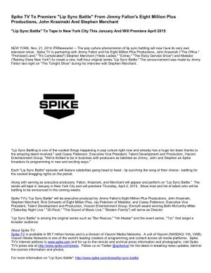 Spike TV to Premiere "Lip Sync Battle" from Jimmy Fallon's Eight Million Plus Productions, John Krasinski and Stephen Merchant