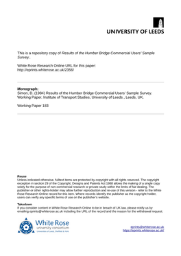 Results of the Humber Bridge Commercial Users' Sample Survey. Working Paper 183, Institute for Transport Studies, Uni-Versity of Leeds