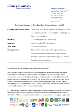 Position Vacancy: Site Leader, Velondriake LMMA
