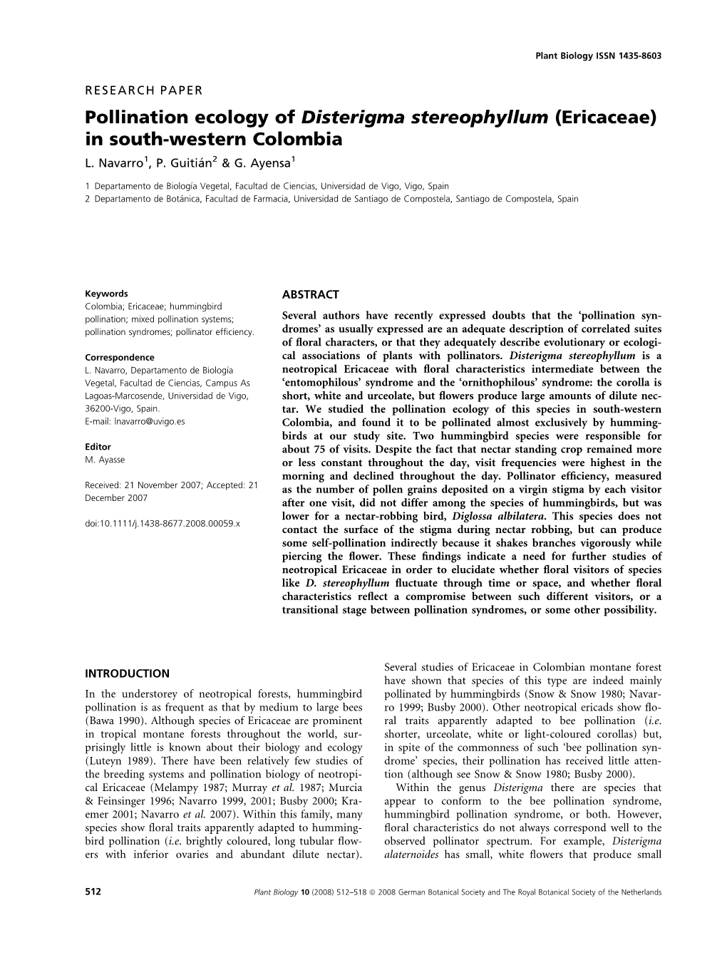 Pollination Ecology of Disterigma Stereophyllum (Ericaceae) in South-Western Colombia L