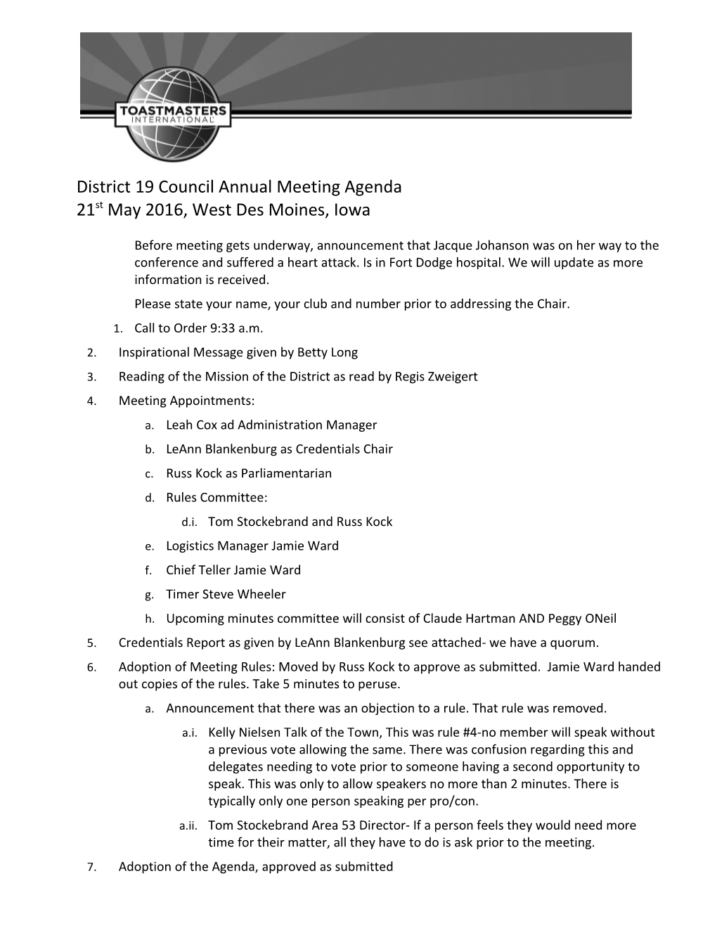 District 19 Council Annual Meeting Agenda