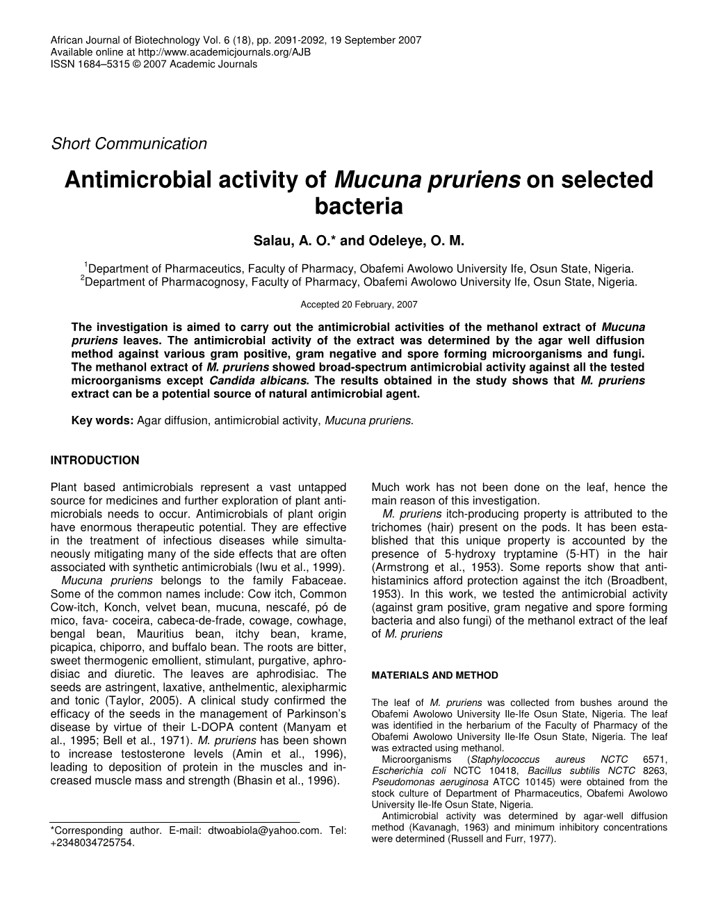 Antimicrobial Activity of Mucuna Pruriens on Selected Bacteria