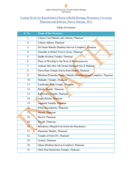 Listing Work for Kurukshetra District (Build Heritage Structure), Covering Thanesar and Pehowa, Part-I, Haryan, 2011