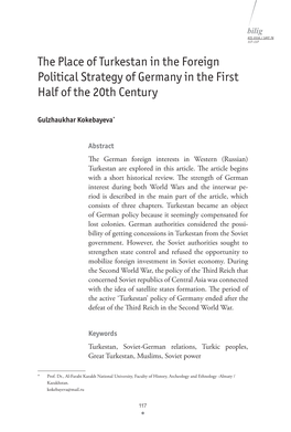 The Place of Turkestan in the Foreign Political Strategy of Germany in the First Half of the 20Th Century