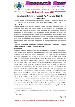 Gurdwara Reform Movement: an Appraisal 1920-25 JASVIR SINGH Research Scholar, Department of History, Panjab University, Chandigarh Mobile No
