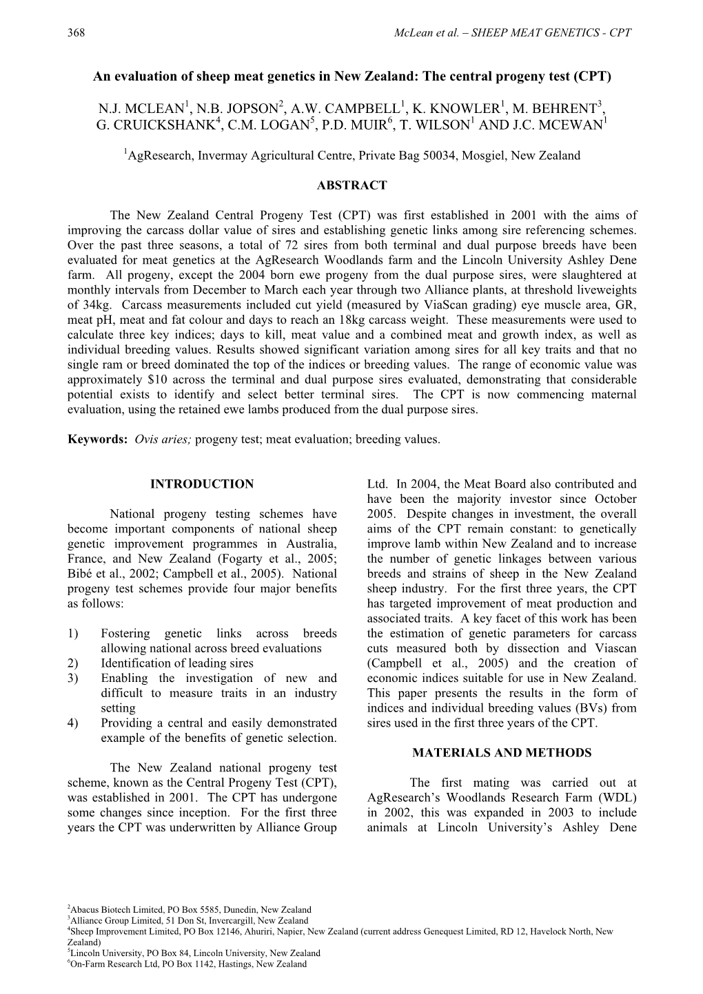 An Evaluation of Sheep Meat Genetics in New Zealand: the Central Progeny Test (CPT)