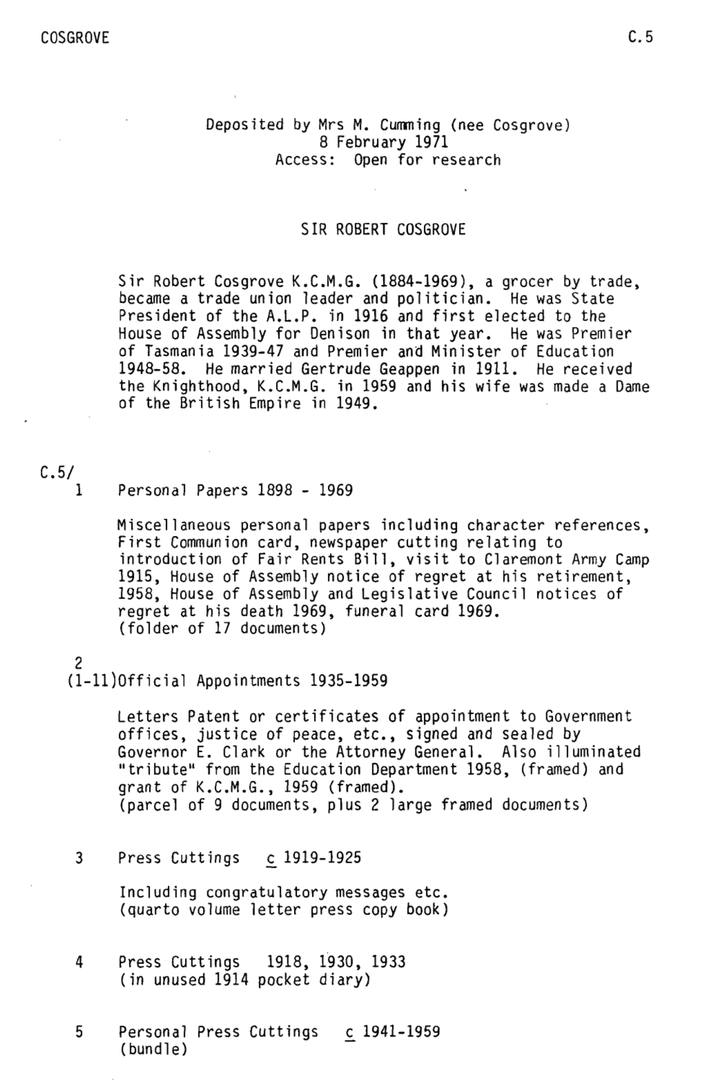 Reference to Index of Sir Robert Cosgrove