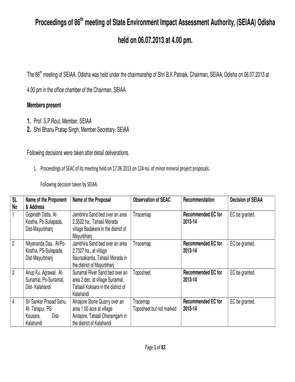 (SEIAA) Odisha Held on 06.07.2013 at 4.00