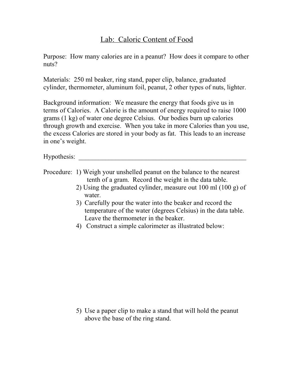 Lab: Caloric Content of Food