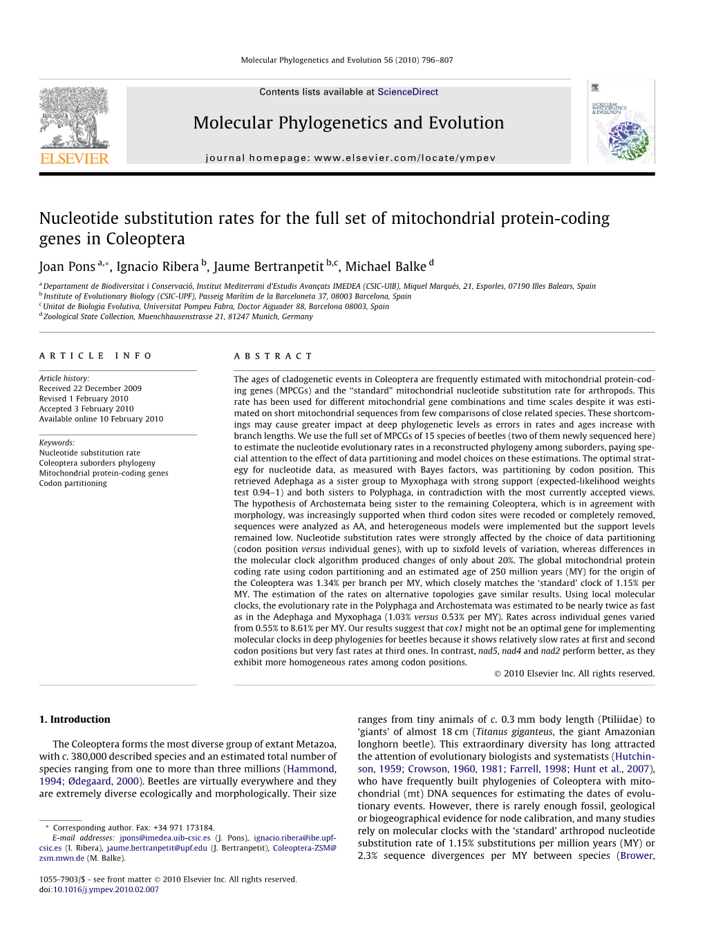 Nucleotide Substitution Rates for the Full Set of Mitochondrial Protein-Coding Genes in Coleoptera