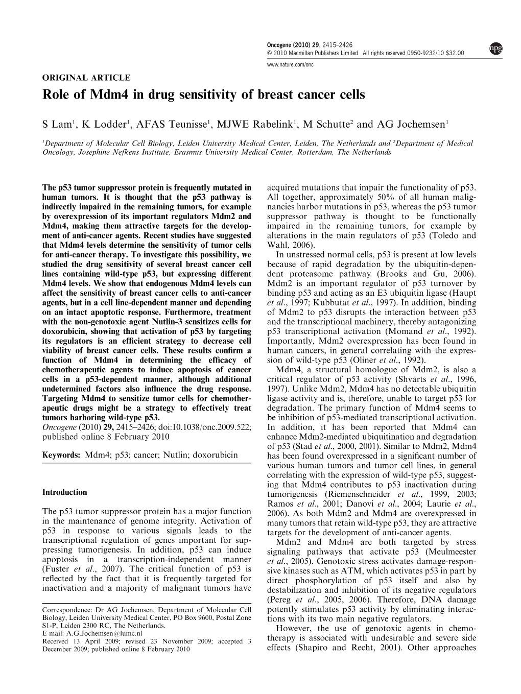 Role of Mdm4 in Drug Sensitivity of Breast Cancer Cells