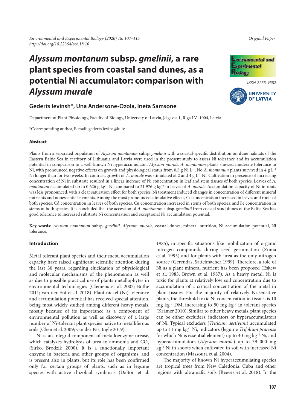 Alyssum Montanum Subsp. Gmelinii, a Rare Plant Species from Coastal Sand Dunes, As a Potential Ni Accumulator: Comparison with ISSN 2255-9582 Alyssum Murale