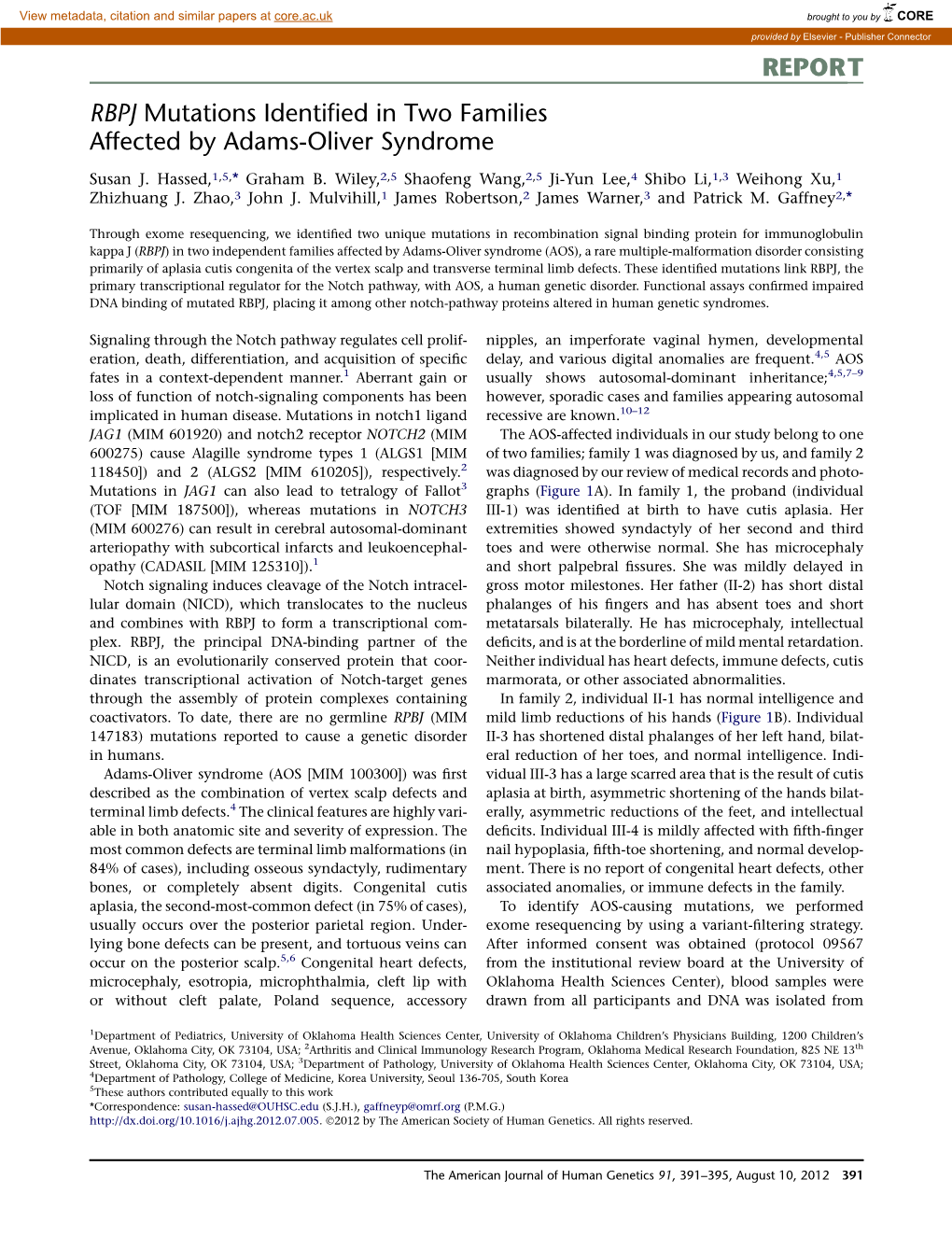 RBPJ Mutations Identified in Two Families Affected by Adams-Oliver