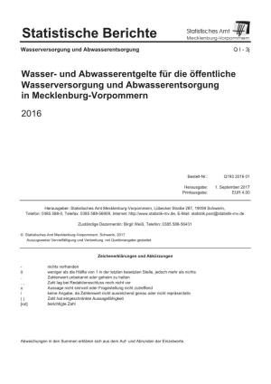 Wasser- Und Abwasserentgelte Für Die Öffentliche Wasserversorgung Und Abwasserentsorgung in Mecklenburg-Vorpommern 2016