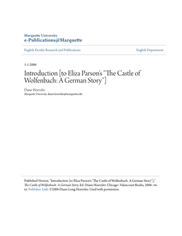 To Eliza Parson's "The Castle of Wolfenbach: a German Story"