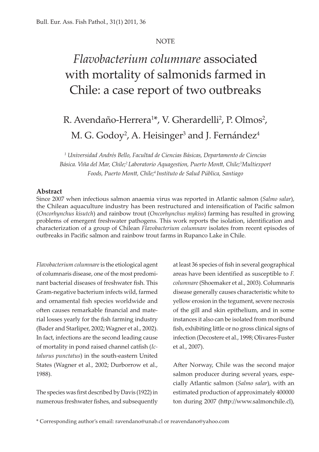 Flavobacterium Columnare Associated with Mortality of Salmonids Farmed in Chile: a Case Report of Two Outbreaks