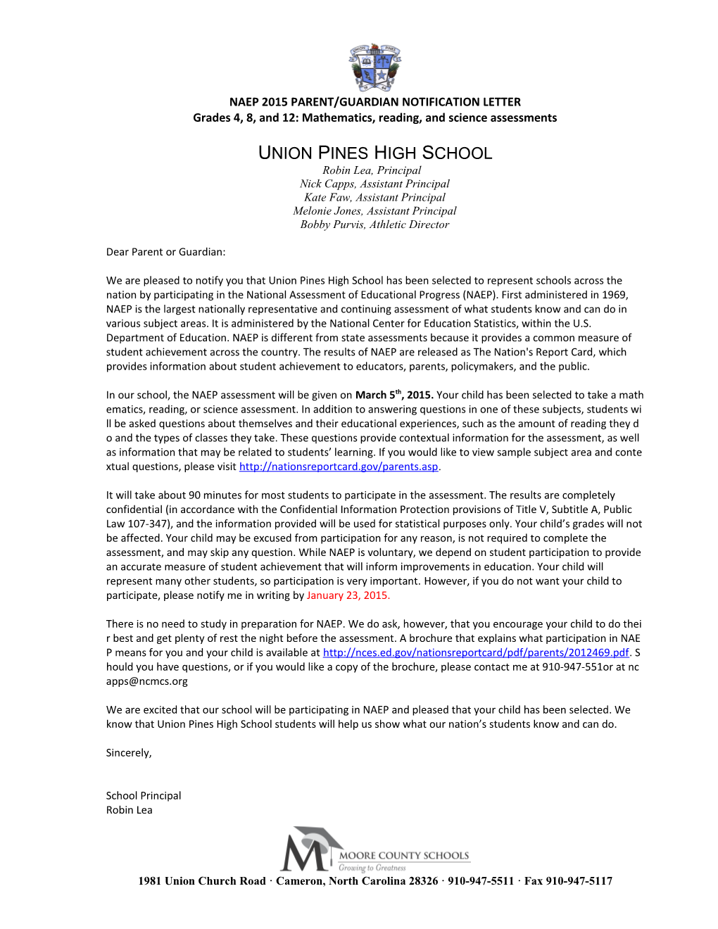 Naep 2015 Parent/Guardian Notification Letter